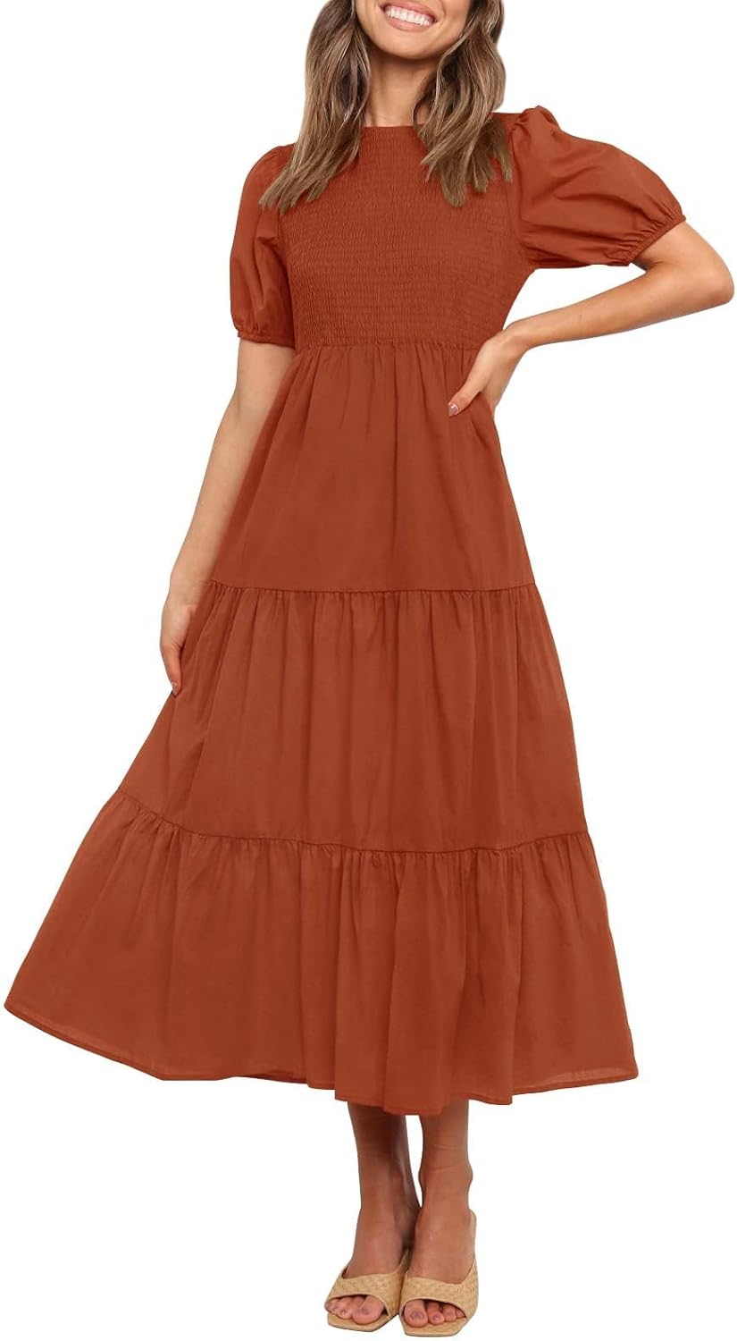 ZESICA Women's Casual Summer Crew Neck Short Puff Sleeve Smocked High Waist Ruffle Tiered A Line Midi Dress