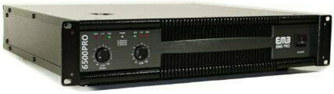 Front panel of the EMB EB6500 amplifier with volume controls and LED indicators