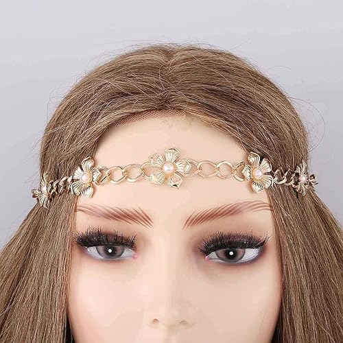 Chicque Cadena de cabeza bohemia, cadena de pelo de perla, tocado dorado, flor elástica, joyería para el cabello, accesorios para el cabello para