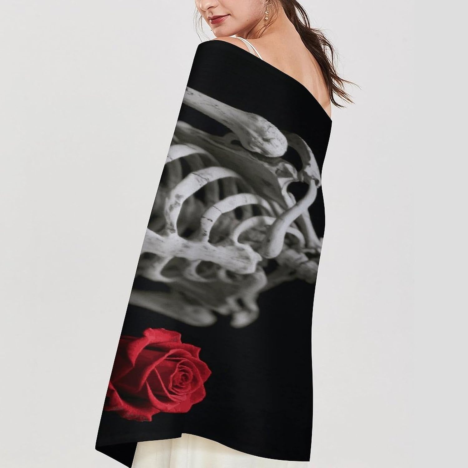 Skeleton Holding A Red Rose Scarf for Women Men Classic Fashion Blanket Scarves Soft Cashmere Feel Scarf Cold Weather Warm Long Shawl Winter Large Scarves Classic Blanket Scarfs Thick