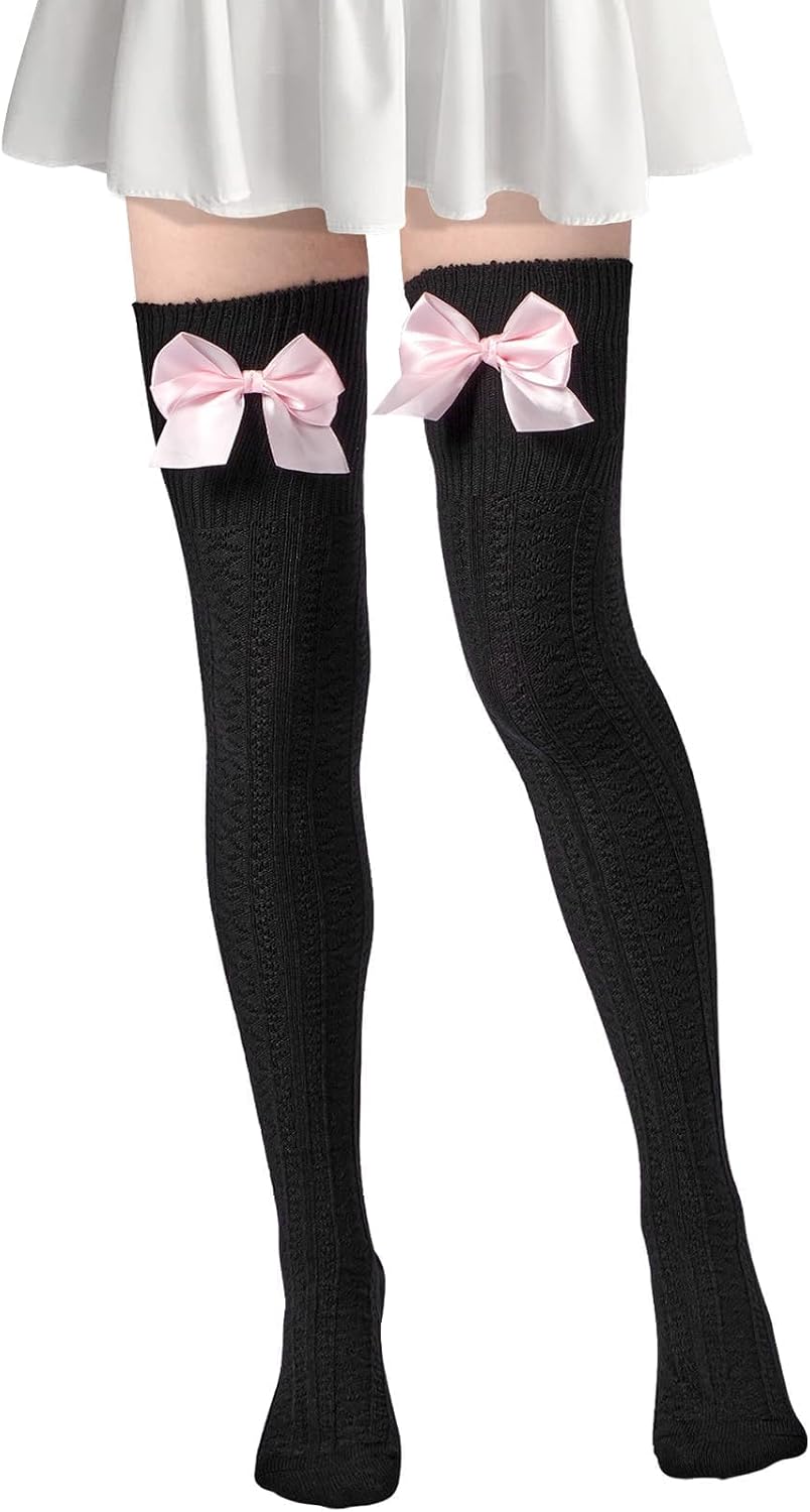 Moon Wood Women Thigh High Socks Extra Long Cute Knit Tall Long Stockings Over Knee Socks with Bow Valentine's Day sock