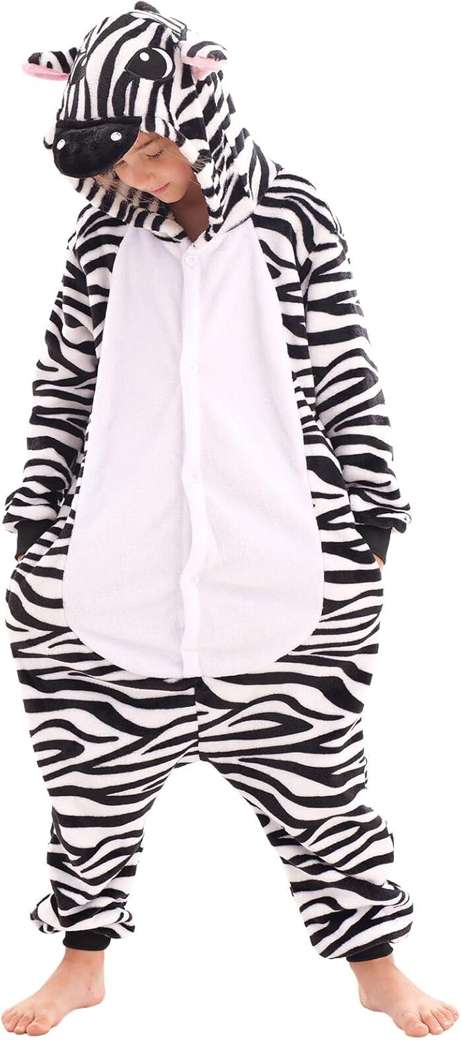 Animal Onesie Costumes for Kids Adults Cosplay Halloween for Boys Girls Womens Warm Plush One Piece Zebra