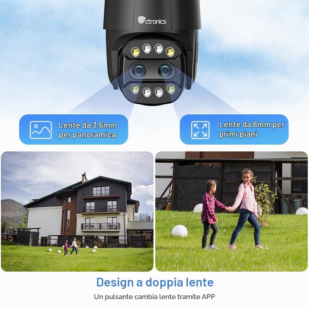 Ctronics Zoom Ibrido 6X Videocamera Wi-Fi Esterno con Doppio Obiettivo | Tracciamento Zoom Automatico Sorveglianza, Rilevamento Umano Visione Notturna a Colori Audio Bidirezionale IP66 (Nero)