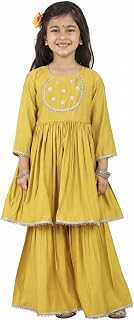 superminis Girls Silk Blend 3/4 Sleeve Embroidery Ethnic Kurti Sharara Set Price In India