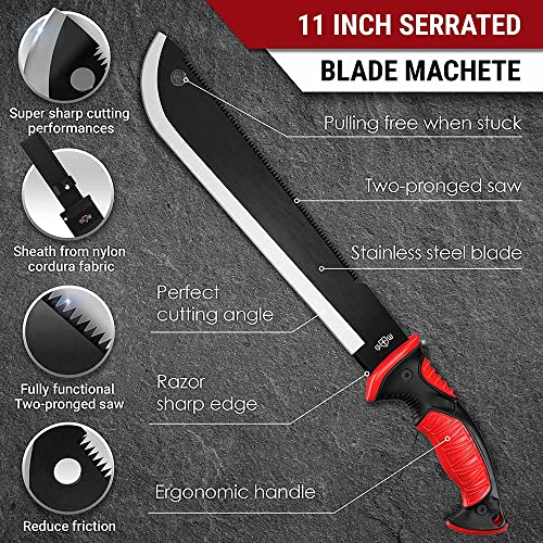 11 Inch Serrated Blade Machete With Nylon Sheath - Saw Blade Machetes With Non-Slip Rubber Handle - Best Brush Clearing Tool Grand Way 111084 #TOP3