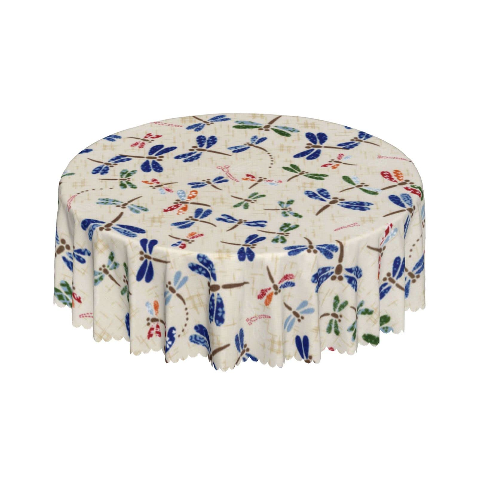 Lsjuee Vintage Dragonfly Cute Beige Round Tablecloth 60 Inch Printed Washable Tablecloth for Dining Party Holiday Fall Home Decorative
