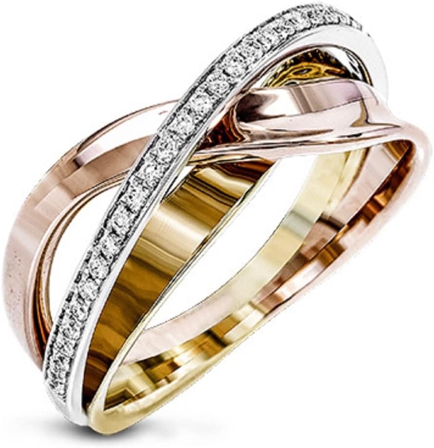 925 Sterling Silver Women’s Fashion Tricolor Geometric Line Cross Ring in 18K Rose Gold Ring Sparkling Full Diamond Ring Multi Row Cross Ring Eternity Engagement Wedding Rings Sizes 6-10 562