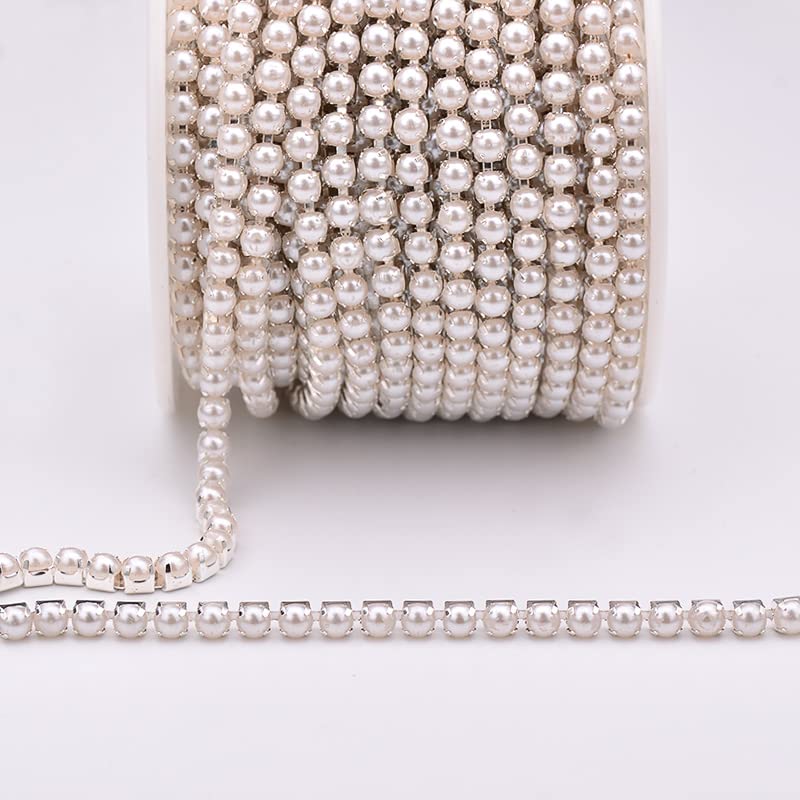 ACiyD SS6 2mm SS12 3mm SS16 4mm Nähen Weiße Perle Strass Band Kette Gold Silber Metallbesatz Perle Applikation Strass Band-Gold Basis,SS12 10 Yards (Silver Base SS12 10 Yards)