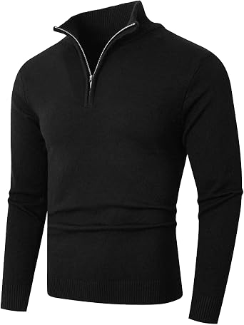 Mens Mock Neck Textured Knitted Pullover Fabric Zip Up Polo Sweaters Casual Quarter Button Sweater
