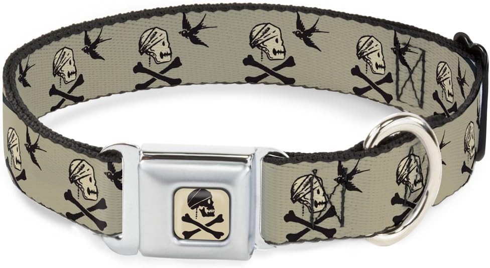 Dog Collar Seatbelt Buckle Jack Sparrows Flag Icons Grays 9 to 15 Inches 1.0 Inch Wide