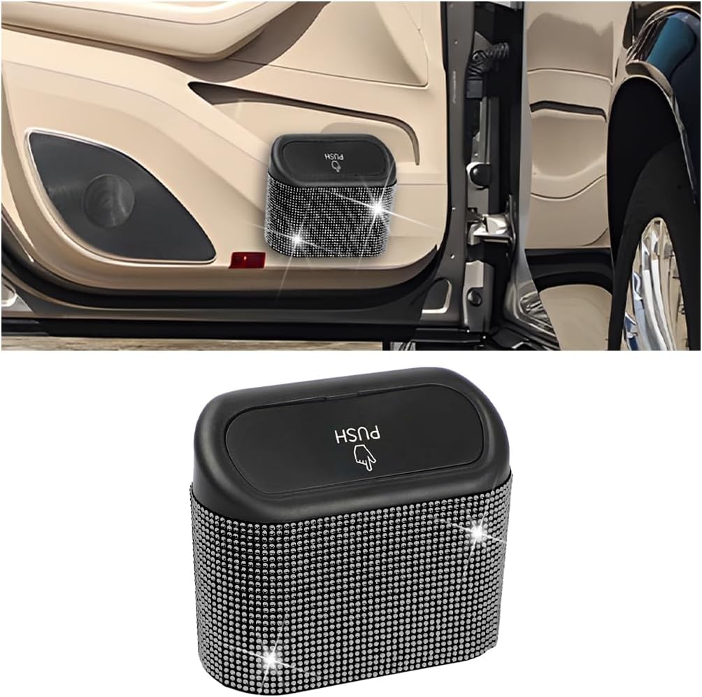 AICEL Bling Car Trash Can with Lid, Crystal Rhinestones Leakproof Auto Garbage Hanging Container Bin, Multipurpose Diamond Dustbin Storage Organizer, Universal Vehicle Accessories (Black)