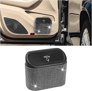 AICEL Bling Car Trash Can with Lid, Crystal Rhinestones Leakproof Auto Garbage Hanging Container Bin, Multipurpose Diamond Dustbin Storage Organizer, Universal Vehicle Accessories (Black)