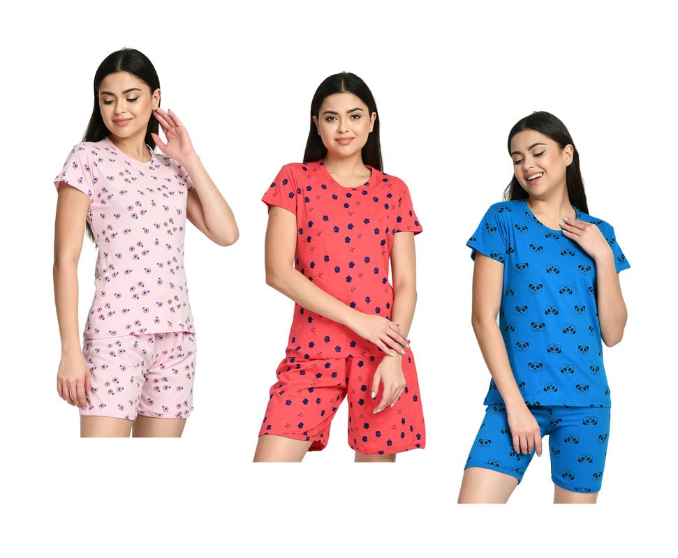 Image of IndiWeaves Cotton Printed Tops and Shorts Set Night Suit for Women (Pack of 3) Pink::Caret::Blue