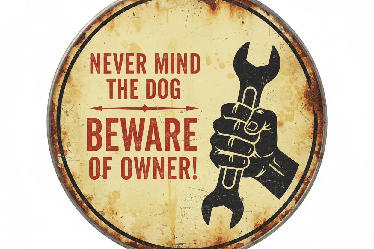 Vintage Metal Tin Sign for Man Cave 8x12 Inches Coffee Office Bar Yard Club Shop Home Wall Dector Notice Never Mind The Dog Beware Of Owner Outdoor Men Bourbon Wall Plaques Private Property Decorative