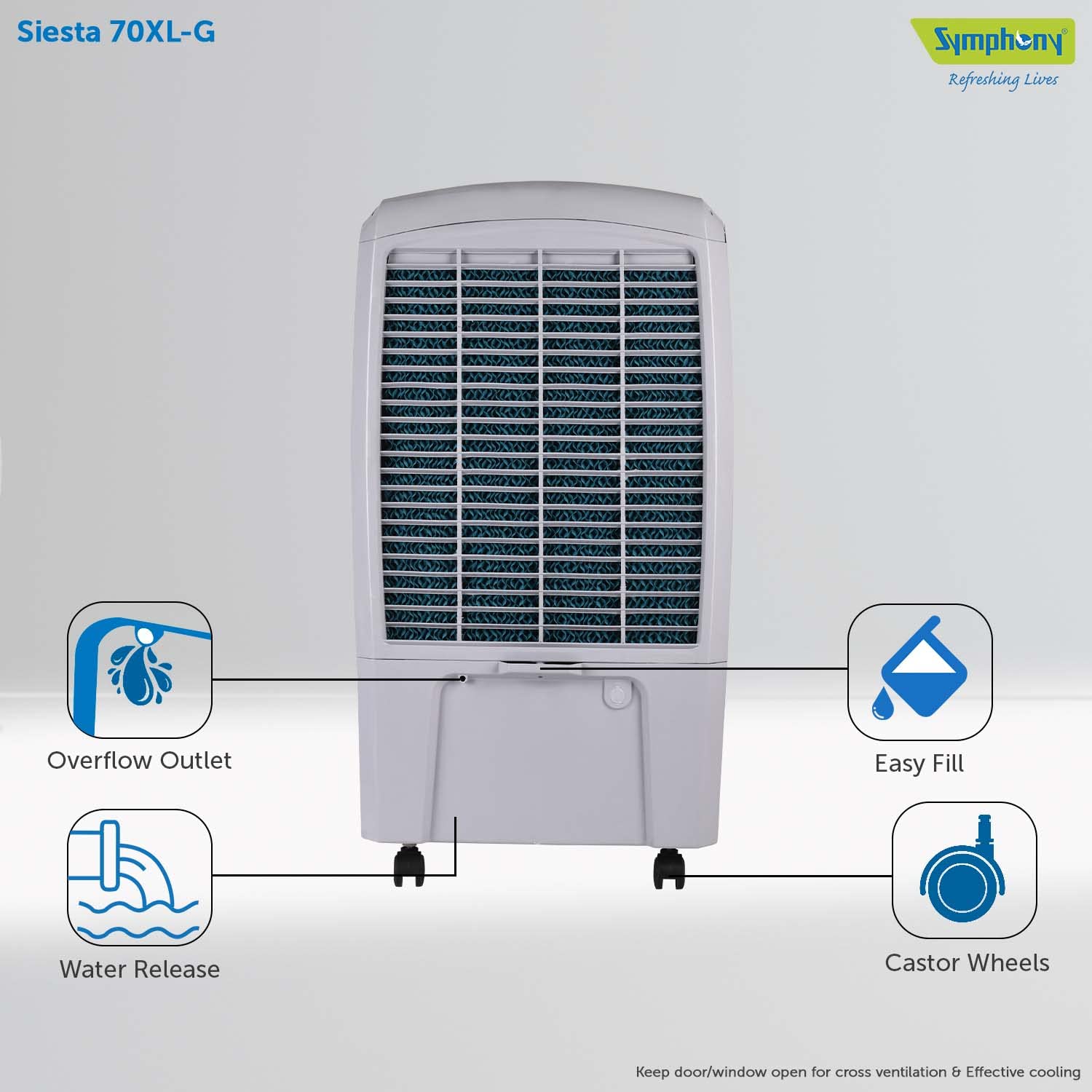 Symphony Siesta 70 XL Desert Air Cooler rear view showing overflow outlet, easy fill port, water release valve, and castor wheels.