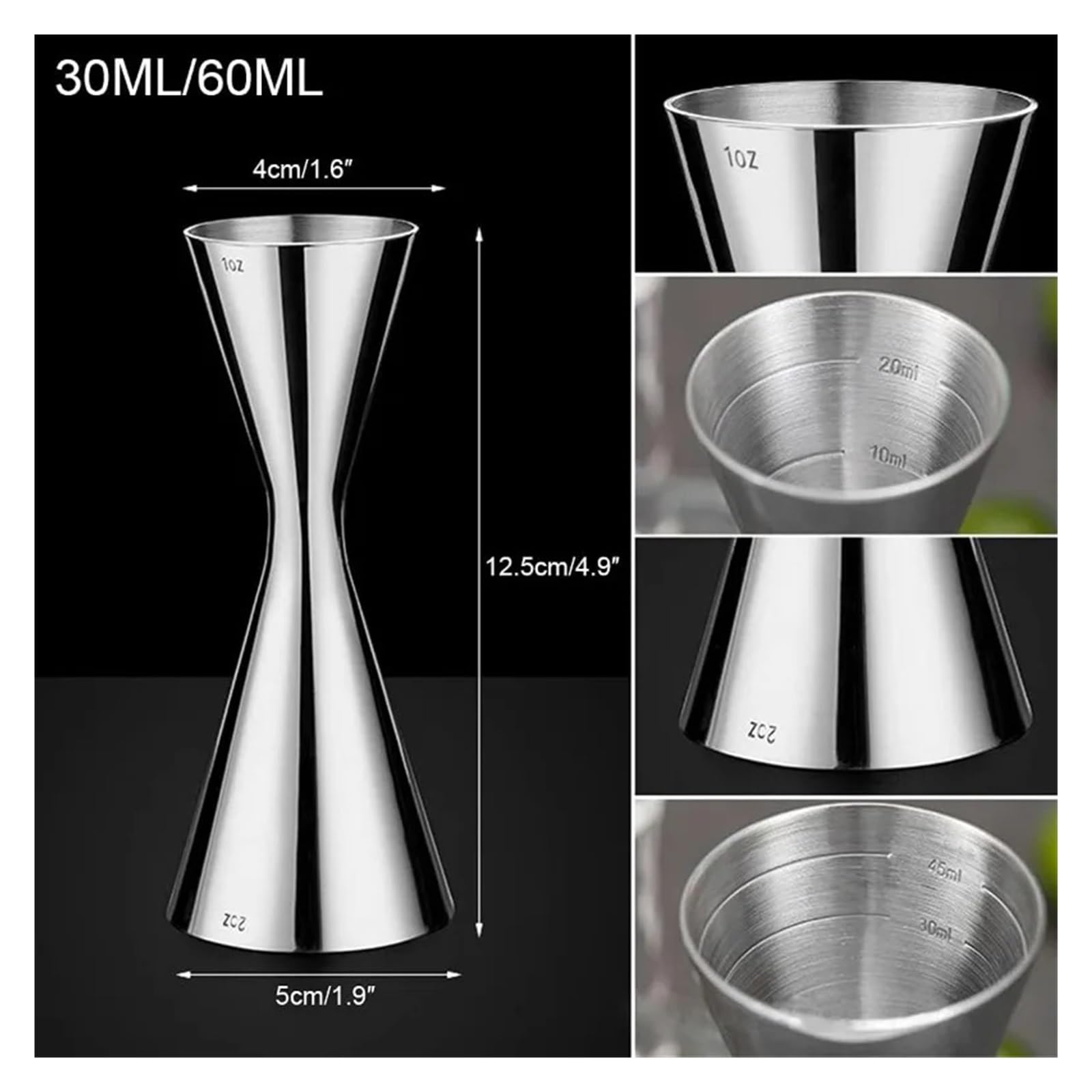 Jigger 2 STÜCKE Doppel-Cocktail-Messbecher, Edelstahl, Messbecher, Doppelkopf, Bar, Party, Wein, Cocktail-Shaker for Bar, Zuhause, Barkeeper, Party, Getränk(45 60 ml)