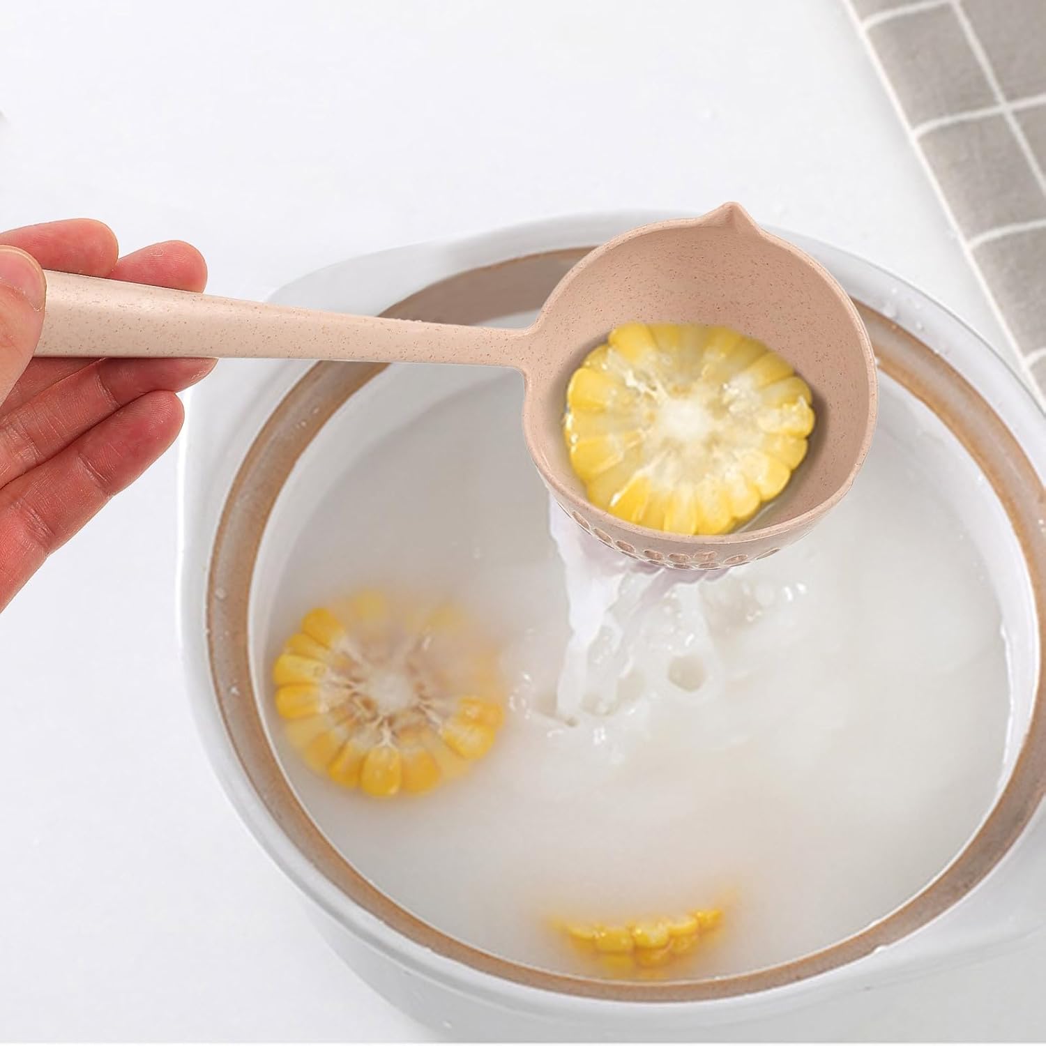 HANABASS 2-in-1 Straining Ladle and Soup Spoon with Filter Strainer Beige 11.02 Inch Heat-Resistant Kitchen Tool for Draining Liquids and Solids Dishwasher Safe