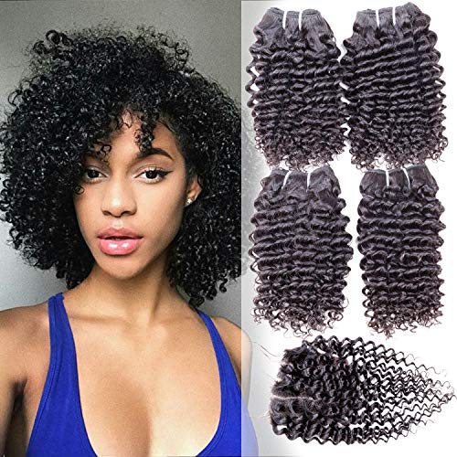 Brazilian Kinky Curly Human Hair 4 Bundles With 4x4 Closure Natural Black 100 Unprocessed Remy Hair 10A Short Salon Curly Weave Virgin Hair Weft 240Gram/lot (10", Kinky with Closure)