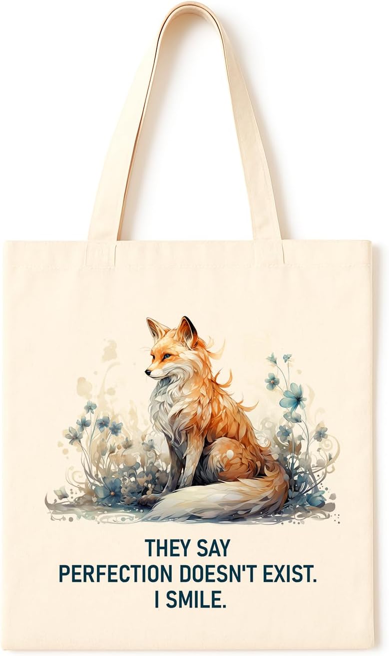 TOTE BAG Perfect Fox Statement Bag ~ Confident watercolor fox in a floral setting, with a humorous perfection quote, perfect for self-assured introverts and nature-loving minimalists.