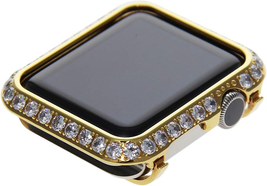 Callancity 42mm Bling Face Cover Rhinestone 3.0mm Big Size Crystal Diamond Metal Case Compatible With Apple Watch Series 3/2/1 For Men/Women (Gold, 42mm)