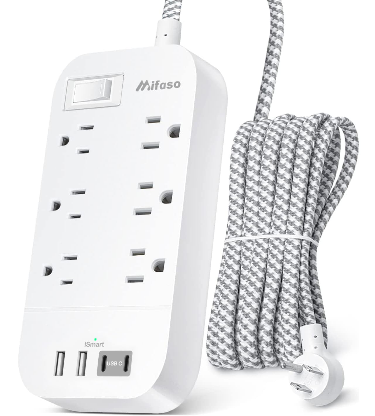 Power Bar Extension Cord 10 FT - Flat Plug, 6 Outlets 4 USB Ports Outlet Extender with Overload Protection, Wall Mount, Desktop Charging Station for Home, Office and Dorm Essential