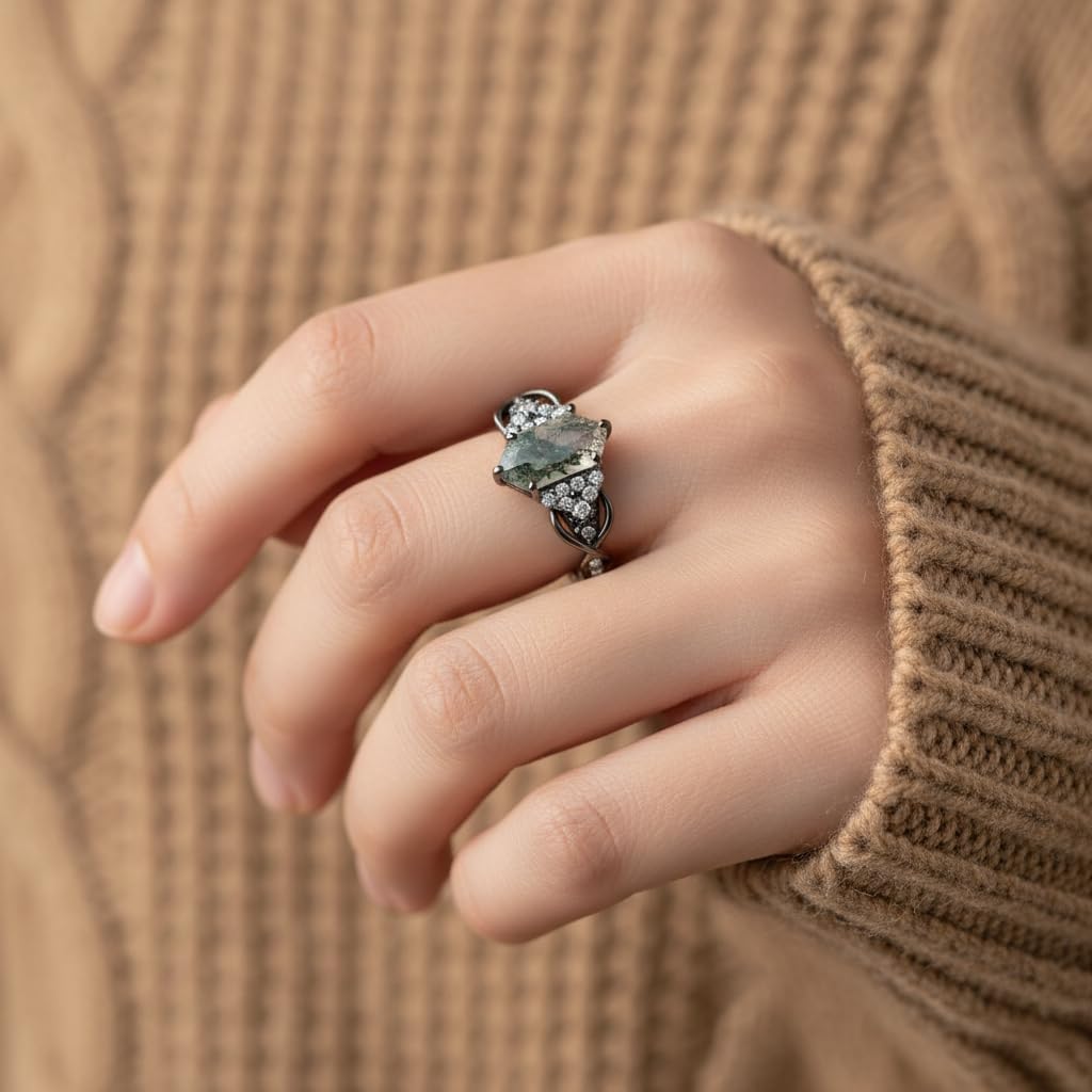 Natural Moss Agate Engagement Stacking Ring Customizable 10K /14K /18K Solid Gold Black Gothic Promise Wedding Stacking Rings Anniversary Promise Ring Size 4-15