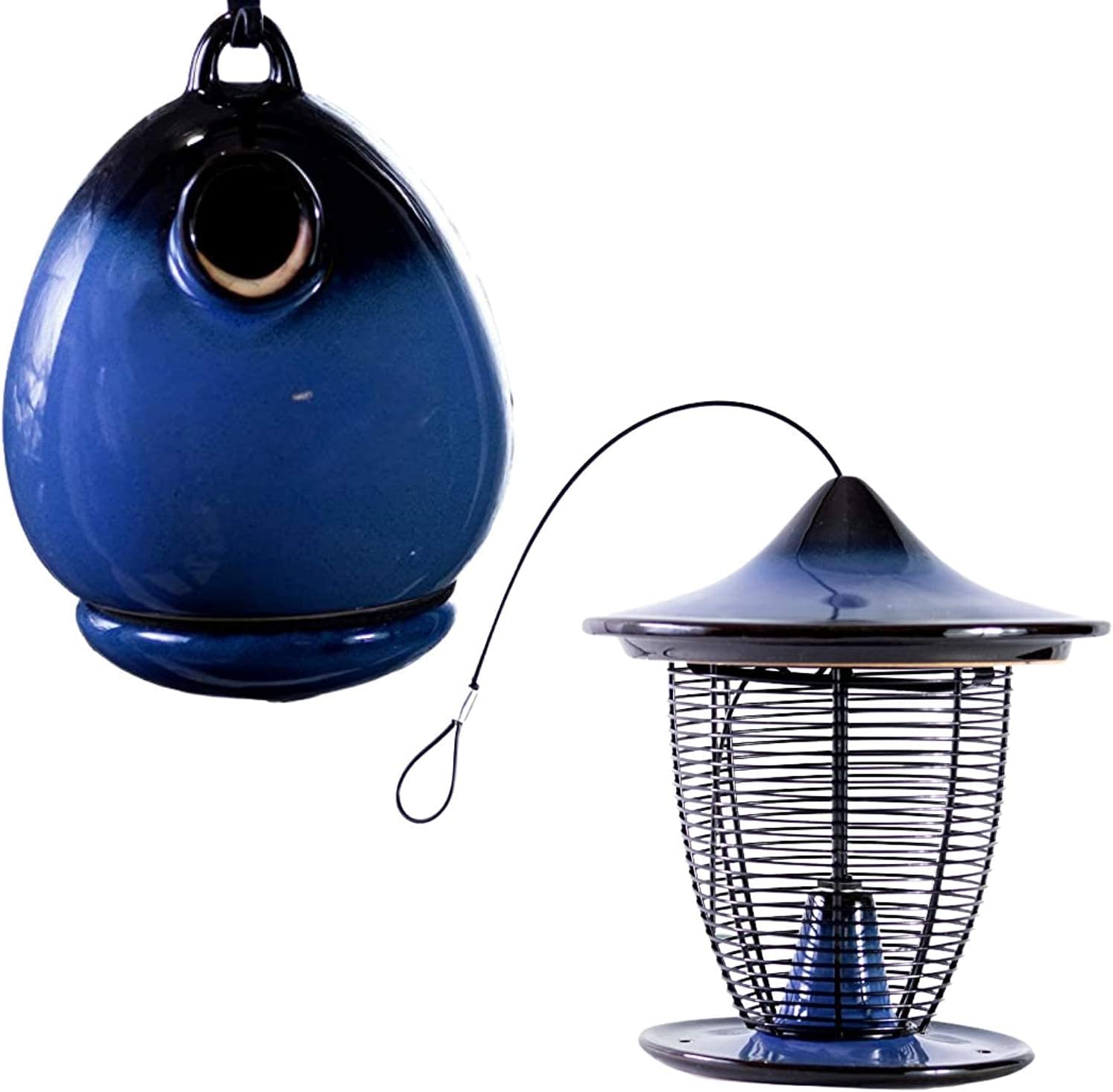 BYER OF MAINE Alcyon Egg/Bottle Bird Home and Pagoda Bird Feeder Bundle, Cobalt Blue