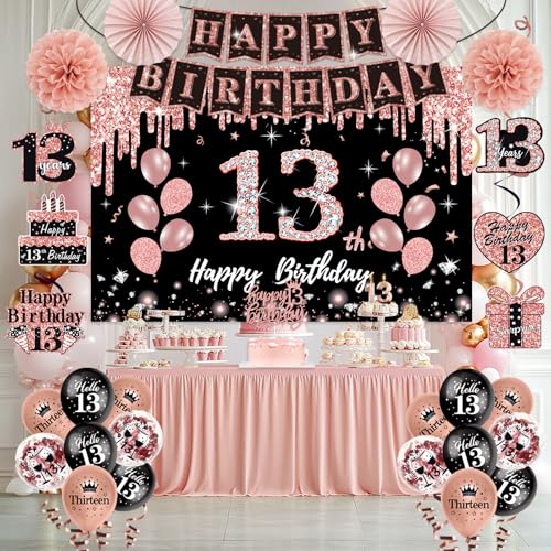 13th Birthday Decorations for Girls,51Pcs PRE-STRUNG Rose Gold Black Party Set-13 Years Old Crown and Sash,Banner Backdrop Balloons Candle Hanging Swirls Paper Fans,PRE-ASSEMBLED by JYLLYKA - Used condition - Image 3