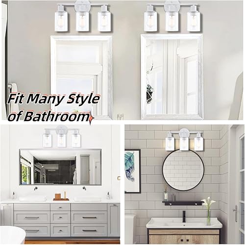 Miniatura 5 de WISBEAM Lámpara de pared de tocador de baño de 3 luces, accesorios blancos sobre espejo con pantalla de vidrio transparente que incluye base mediana