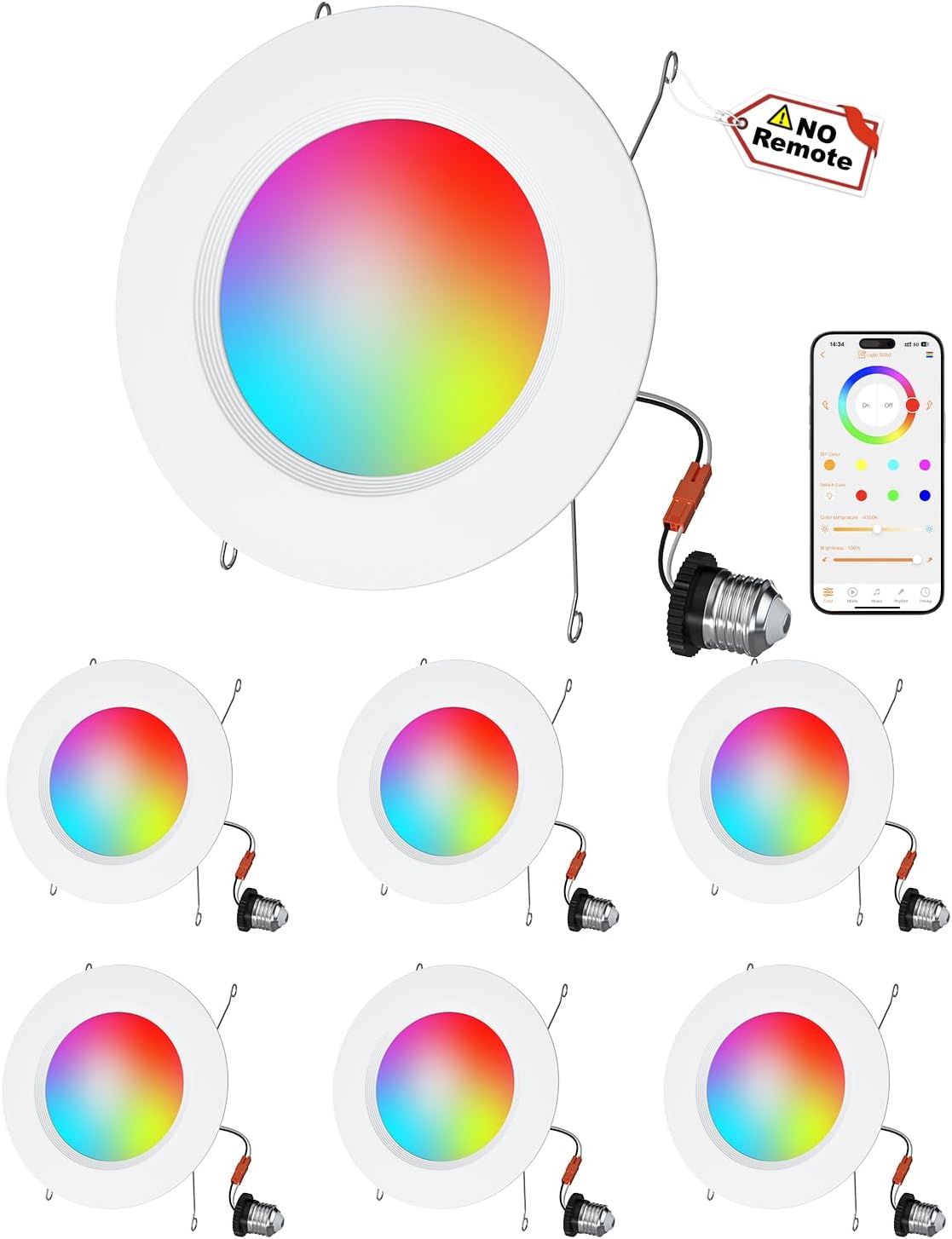 LED Recessed Lighting 6 inch/5 inch, Smart RGB Bluetooth Can Lights, 13W 1050LM, Color Changing, Retrofit Led Recessed Light Compatible with Alexa for Bedroom Living Room Kitchen, 6Pack