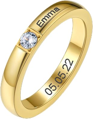 KeyStyle Stackable Birthstone Rings for Women, Personalized Birthstone Names Band Engraved Stacking Ring for Mother Daughter Wife Birthday Gifts Mothers Day Jewelry Size 5-11