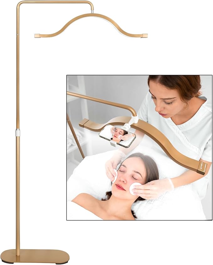 FOSOTO FOSOTO Cloud Half Moon Light 45W Multifunctional Aluminum Alloy LED 3200k-5600k Dimmable Adjustable Floor Lamp with Phone Holder for Eyelash Extensions,Manicure,Makeup,Hair Salon (Gold)