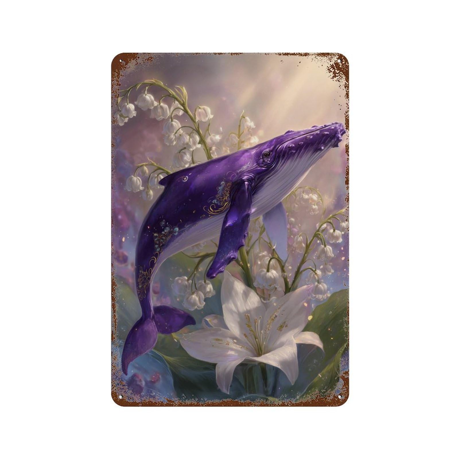 Purple Whale with Flowers-1 Rustic Tin Plaque 11.8"x7.9", Ideal for Office, Studio And Wall Decor