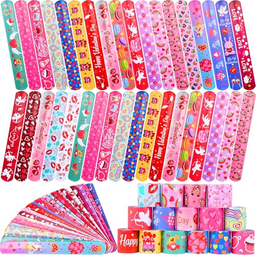 OCTERIC 48 Pcs Valentine's Day Slap Bracelets, Red Pink Heart Wristbands Cute Classroom Exchange Gifts for Kids Party Favors Goodies Stocking Stuffers Classroom Prizes