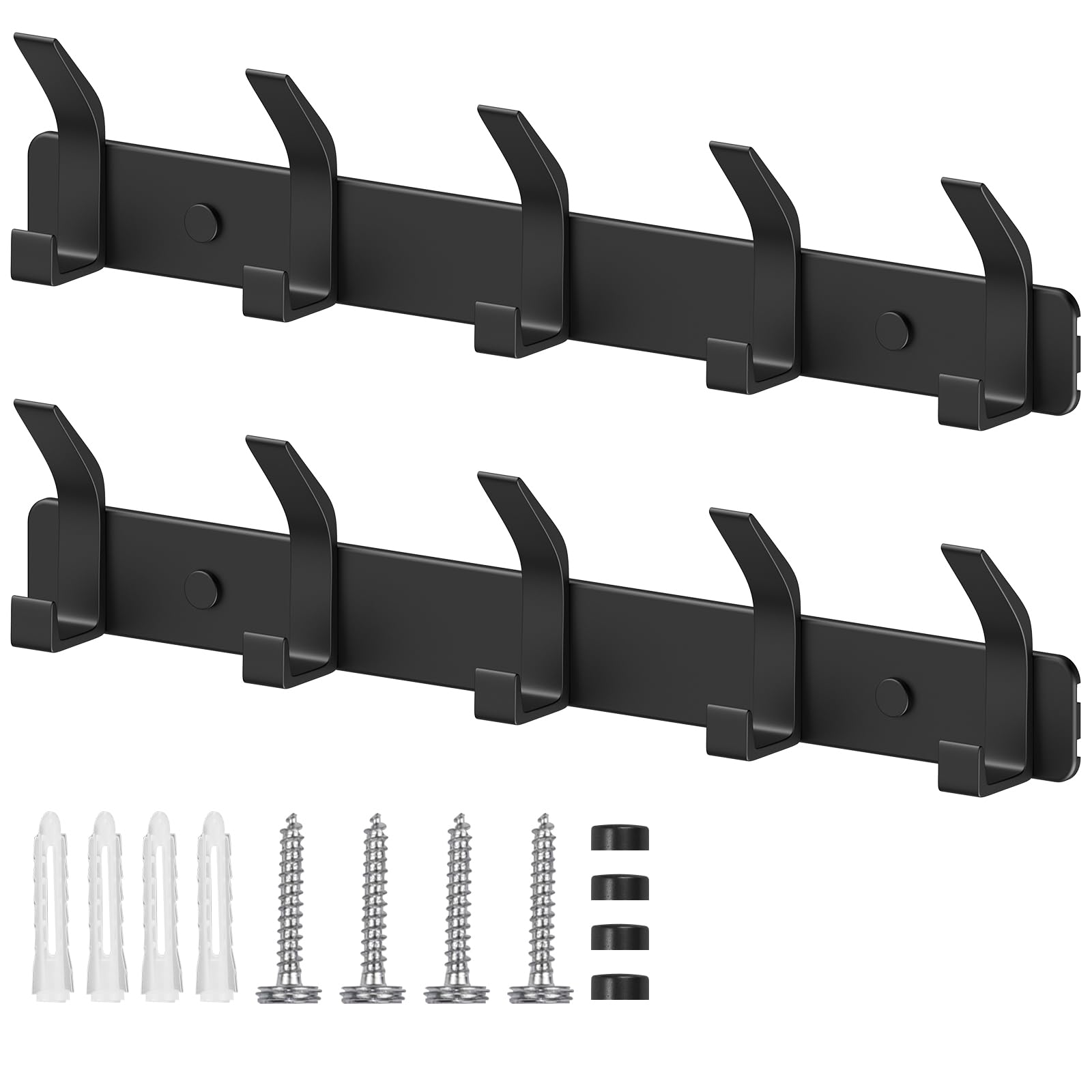 Benxdara Carbon Black Coat Hooks Wall Mounted Coat Rack With 5 Hooks, 2 Pack Rustproof Wall Hanger Clothes Hook Rail For Kitchen Bedroom And Entryway,
