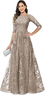 Lace Appliques Mother of The Bride Dress Sequins Crewneck 3/4 Sleeves A-Line Elegant Formal Dresses
