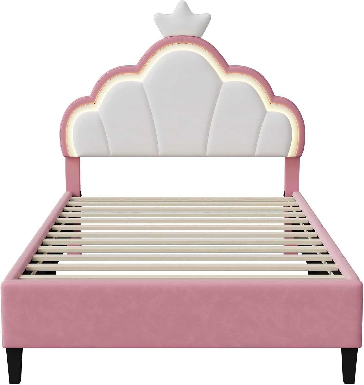 Cama infantil tapizada de 90x200 cm, cama para niñas, camaInfantil, camaPrincesa con cabecero LED ajustable y somier de láminas, camaJuvenil de madera maciza y terciopelo, sin colchón (90*200)
