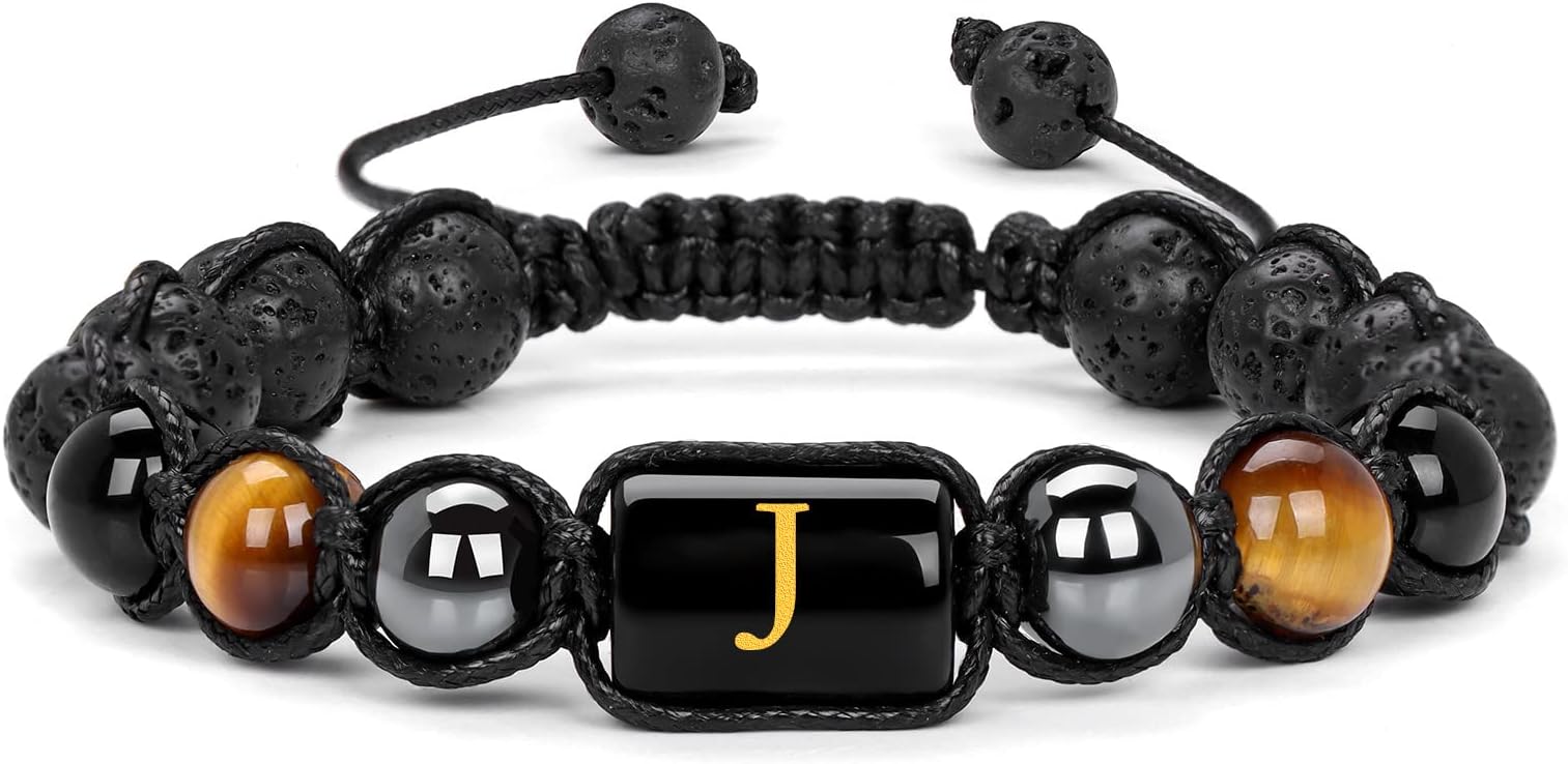 Initial Beaded Bracelets for Men,8mm Tiger Eye Obsidian Hematite Triple Protection Bracelet,Handmade Mens Letter Lava Rock Stone Bracelet Stress Relief Yoga Beads Bracelets Adjustable Anti Anxiety Bracelets for Men Women Jewelry Gifts