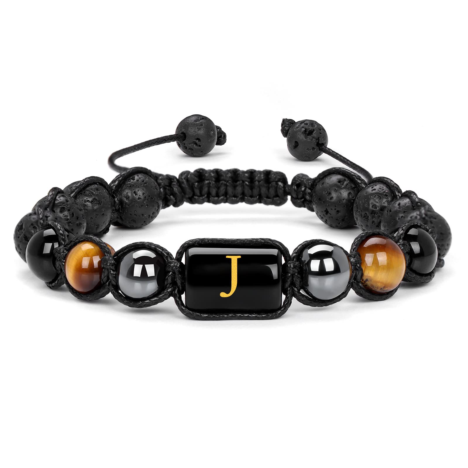 Initial Beaded Bracelets for Men,8mm Tiger Eye Obsidian Hematite Triple Protection Bracelet,Handmade Mens Letter Lava Rock Stone Bracelet Stress Relief Yoga Beads Bracelets Adjustable Anti Anxiety Bracelets for Men Women Jewelry Gifts