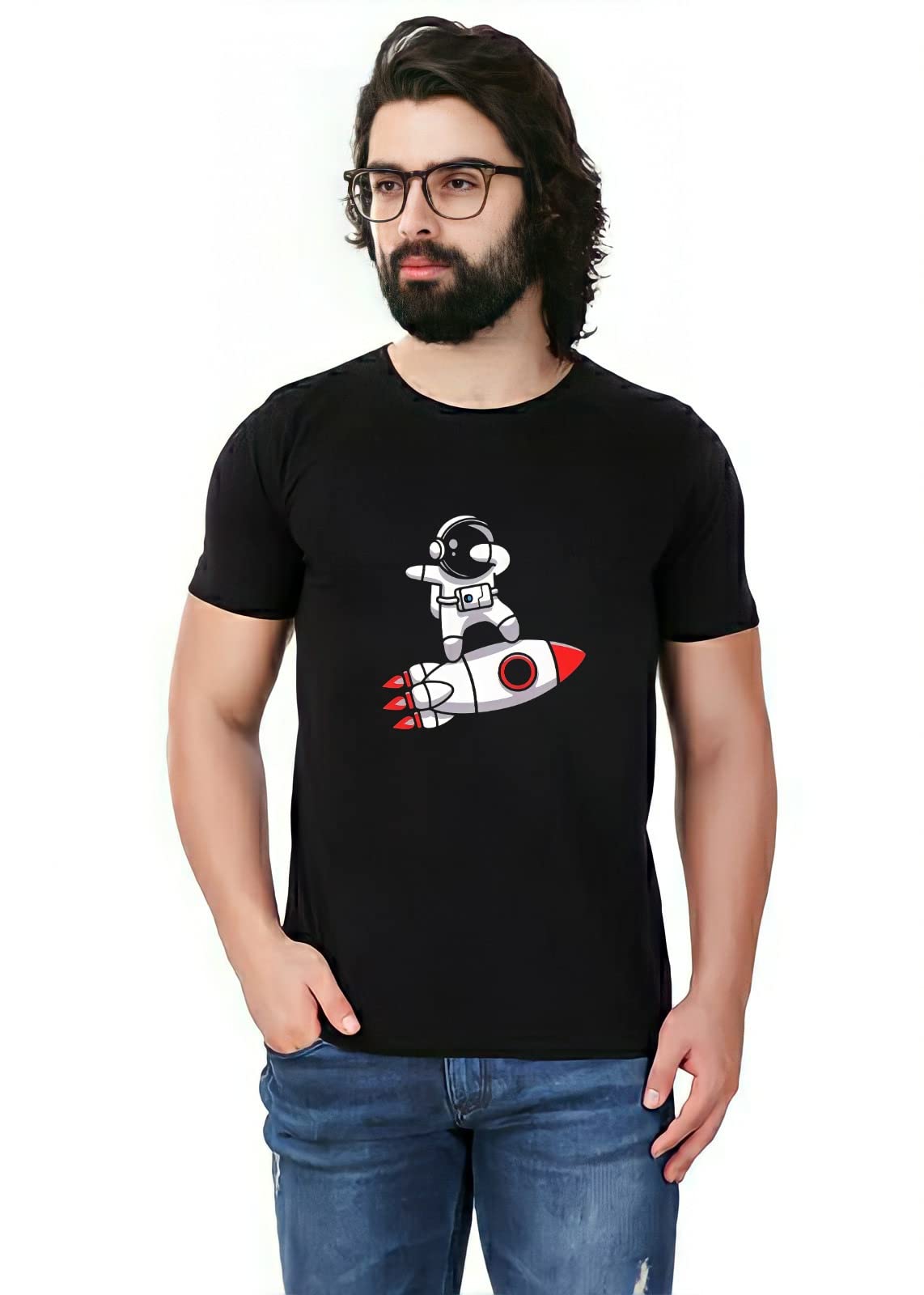 GenericAstronaut on Rocket Printed Funny and Stylish T-Shirt for Men and Women (Black)
