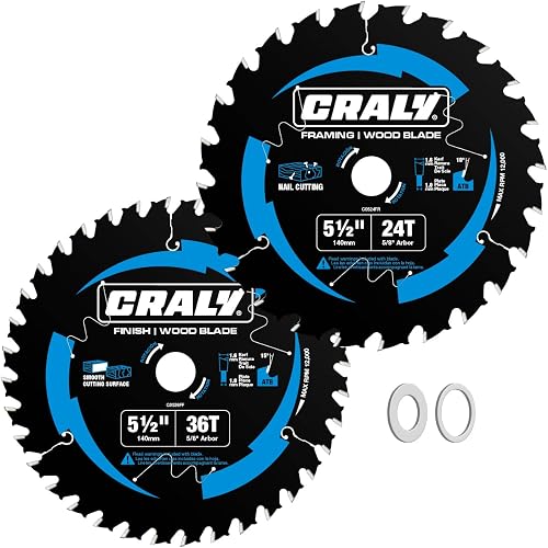 CRALY 5-1/2 Inch 24&36 Teeth Wood Cutting Framing/Fine Finish Circular Saw Blade, 5/8 Inch Arbor, Carbide Tipped, Thin Kerf, Black Ice™, for Plywood, MDF, OSB, Laminated, 2-Pack(C052436-2)