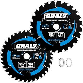 CRALY Cuchilla de sierra circular de 5 1/2 pulgadas, 24 y 36 dientes, para corte de madera, acabado fino/marco, 5/8 pulgadas de eje, punta de carburo, corte delgado, revestimiento Black Ice™, para