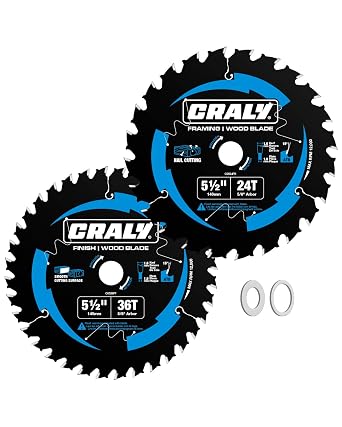 CRALY 5-1/2 Inch 24&36 Teeth Wood Cutting Framing/Fine Finish Circular Saw Blade, 5/8 Inch Arbor, Carbide Tipped, Thin Kerf, Black IceTM, for Plywood, MDF, OSB, Laminated, 2-PackC052436-2