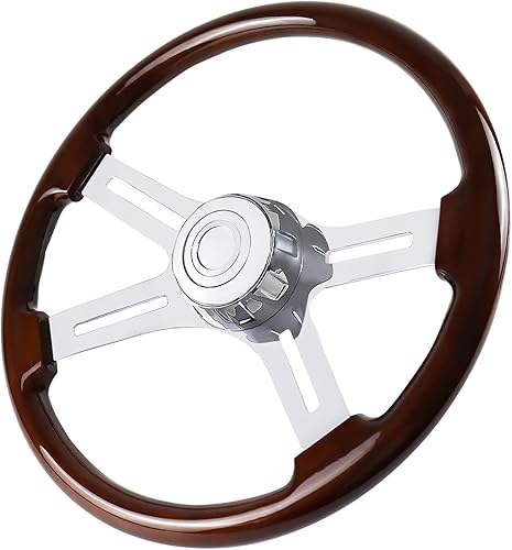QYMOPAY Volante de camión de madera maciza de 18 pulgadas, remache de aluminio de 4 radios, cromado para semirremolques, camiones