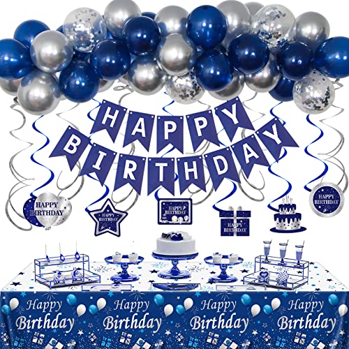 Youerls Birthday Decoration, Blue and Sliver Birthday Decorations for Men Women,Birthday Party Decorations for Boys Girls, Happy Birthday Banner Balloons with Table Cloths,Hanging Swirls Decorations