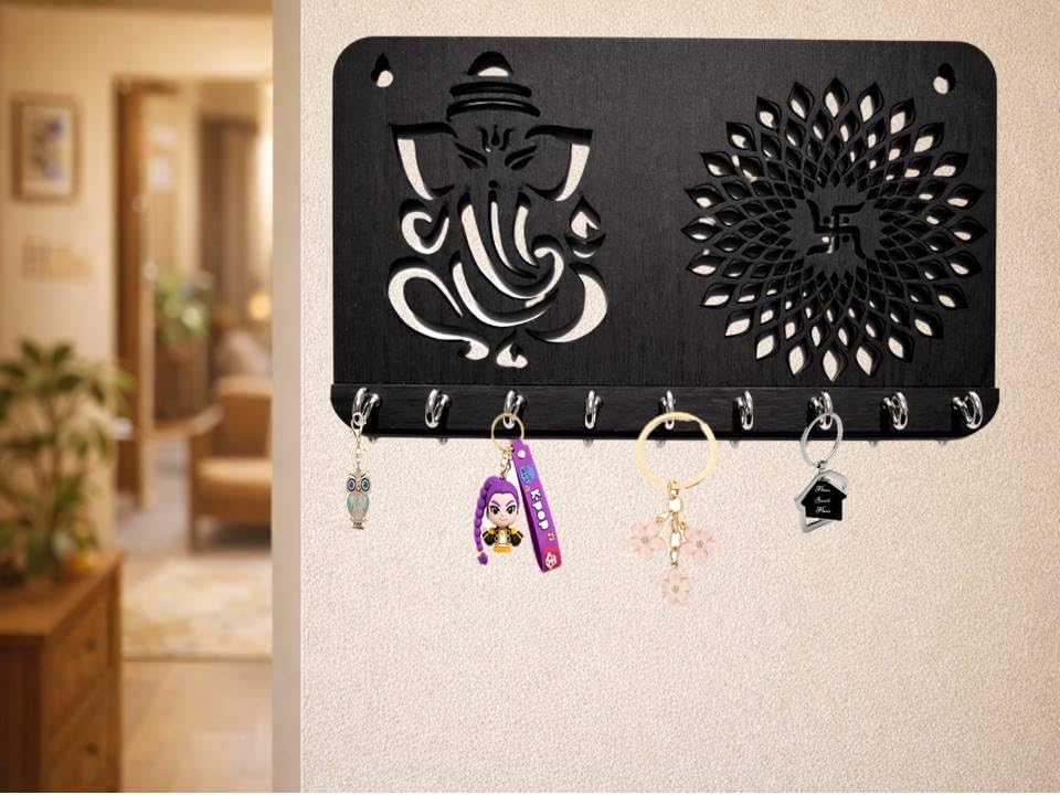 Ganesha Chakra Key Holder for Home Decor Item | Stylish Key Hanger Wall Mounted | Handicraft Key Chain Stand | Wooden Keychain Hangers for Office Decoration | Wood Keys Holders