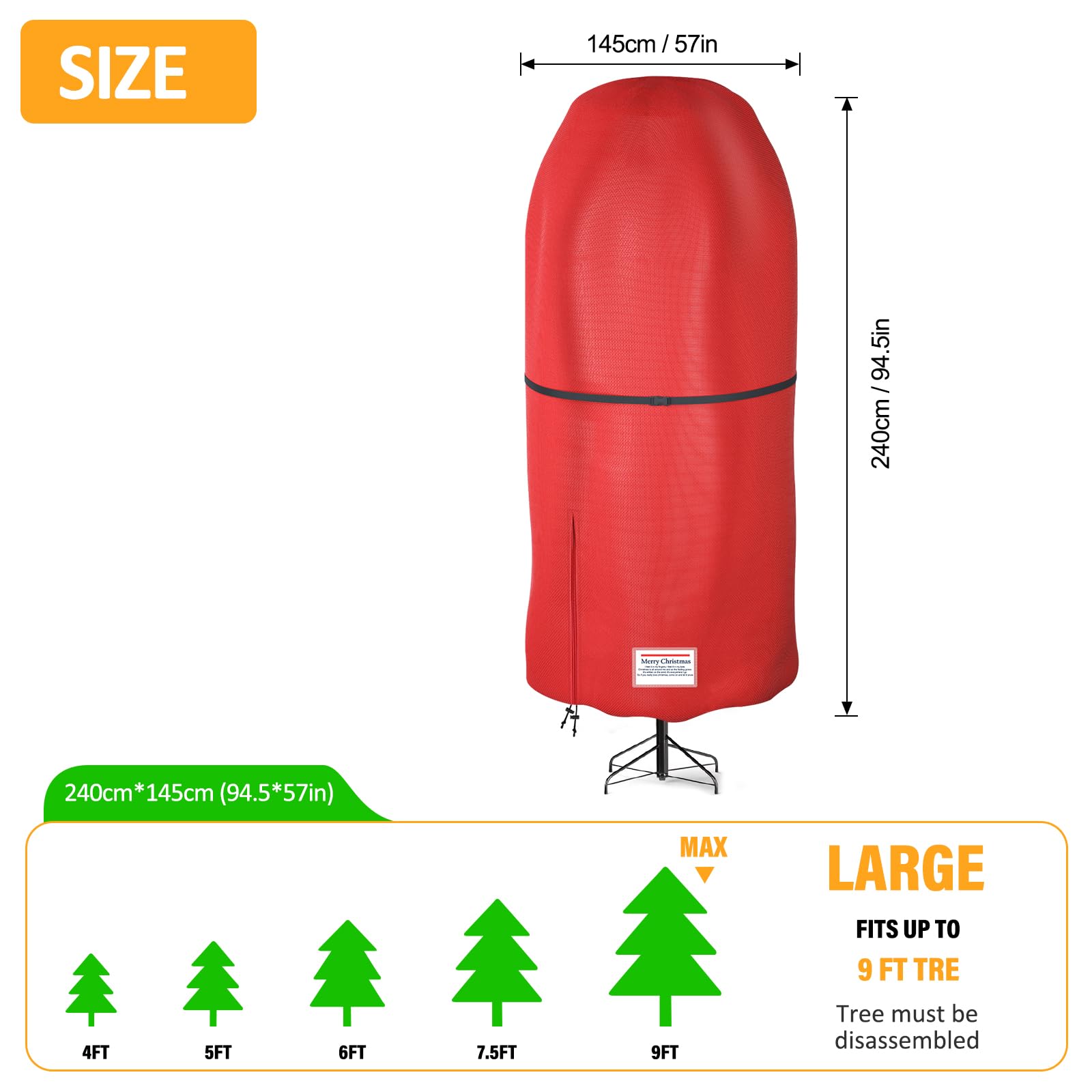 Sac de rangement vertical pour sapin de Noël – Résistant aux déchirures – Sac de rangement réglable pour arbres de Noël assemblés (rouge, taille L (2,7 m)