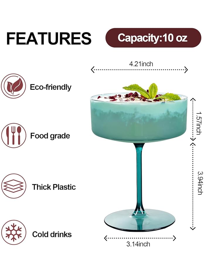 Ciaell 12PCS Plastic Martini Glasses - 10 Oz Colored Disposable Coupe Glasses with Stem - Heavy Duty Margarita Cups for Bars, Cocktails, Whiskey, Parties & Wedding - image 6