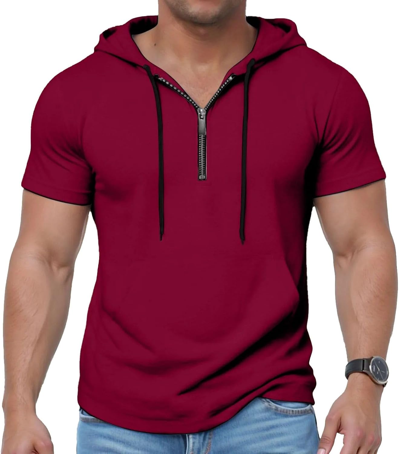 Men's Short Sleeve Hooded Sweatshirt Half Zip Loose Fit Breathable Sports Casual Top