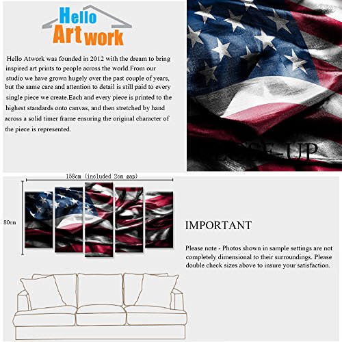 Hello Artwork Usa American Flag Framed Canvas Print Vintage Flags Picture Paintings 5 Panel Giclee Artwork Stretched And Framed For Home Wall Decor (Large Size 60X32Inch) #TOP5